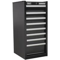 Black Sealey 8-drawer chest with ball-bearing slides, silver handles, and a sleek rectangular design.
