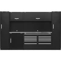 Black Sealey storage system with stainless worktop, tall cabinets, drawers, and overhead compartments.
