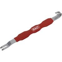 Red Sealey automotive electrical connector separator with dual metal prongs and ergonomic grip.