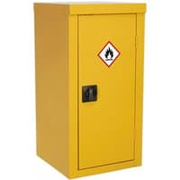Yellow Sealey hazardous substance cabinet with flame symbol, single door, black handle, 460x460x900mm.