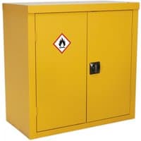 Yellow Sealey hazardous substance cabinet with dual doors, black handle, and flammable warning symbol.