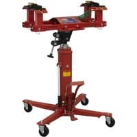 Red Sealey fuel tank cradle and 800Kg transmission jack with adjustable height and swivel casters.
