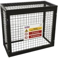 Black metal safety cage for two 47Kg gas cylinders, with mesh sides and warning signs on the front.