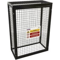 Black metal mesh safety cage for 3 x 19kg gas cylinders with warning labels on the front panel.