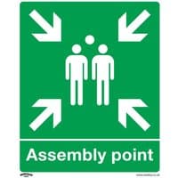 Green Sealey rigid plastic sign with white arrows, figures, and "Assembly Point" text.