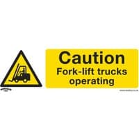 Yellow Sealey caution sign pack with black text "Fork-lift trucks operating" and forklift graphic in triangle.