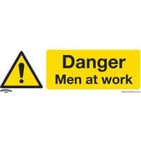 Yellow Sealey rigid plastic sign with black text "Danger Men At Work" and a triangular warning symbol. Pack of 10.