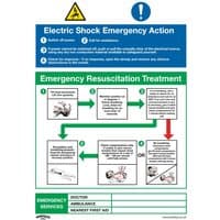 "Sealey rigid plastic sign with electric shock emergency action steps, resuscitation treatment flowchart, and warning symbols"