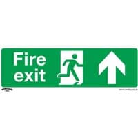 Green Sealey rigid plastic fire exit sign with white running figure and upward arrow.