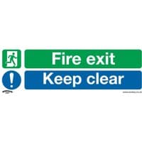 Sealey pack of 10 rigid plastic signs, green and blue with "Fire exit" and "Keep clear" text, includes exit symbol.
