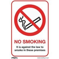 Sealey rigid plastic sign with red no smoking symbol and text "No Smoking, It is against the law to smoke in these premises"