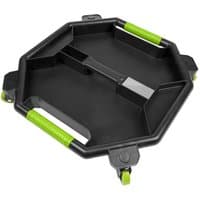 "Black octagonal Sealey creeper tool tray with green handles and caster wheels for mobility"