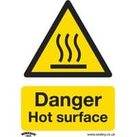 Yellow Sealey self-adhesive vinyl sign with black triangle and steam icon, reads "Danger Hot Surface" in bold text.