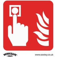 Red Sealey vinyl sign with white fire alarm symbol, hand pressing button, pack of 10.