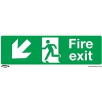 Green Sealey fire exit sign with white running figure and arrow pointing down left, pack of 10.
