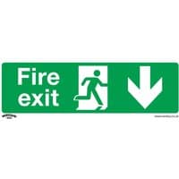 Green Sealey self-adhesive vinyl sign with white "Fire exit" text, running figure, and downward arrow.