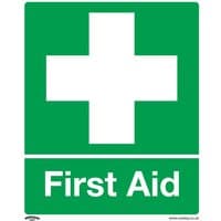 Green Sealey self-adhesive vinyl first aid sign with white cross and "First Aid" text, pack of 10.