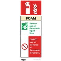 Sealey self-adhesive vinyl foam fire extinguisher sign, red and white with safety symbols, pack of 10.