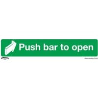 Green Sealey self-adhesive vinyl sign with white text "Push bar to open" and arrow graphic, pack of 10.