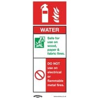 Red and white Sealey vinyl water fire extinguisher sign with safety instructions, pack of 10.