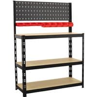Black steel frame workbench with pegboard, three wooden shelves, and red storage bins by Sealey.
