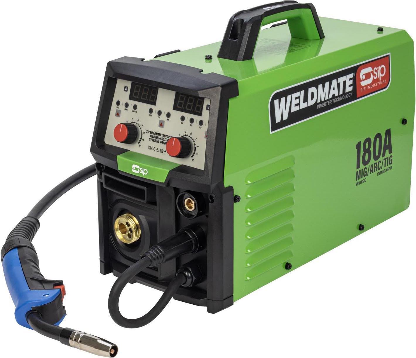 Green SIP WELDMATE® AUTOPLUS 180A welder with digital display, control knobs, and MIG/ARC/TIG torch attachment.