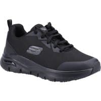 Black Skechers Arch Fit Sr shoes with lace-up design, slip-resistant sole, and padded collar, size 4.