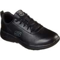 Black Skechers slip-resistant work shoe with lace-up design and logo on side, size 6.