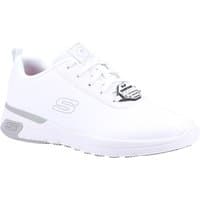 White Skechers slip-resistant occupational shoe with lace-up design, logo on side, and padded collar, size 6.