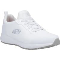 White Skechers Workwear safety trainers with lace-up design, slip-resistant sole, and embossed logo on the side.