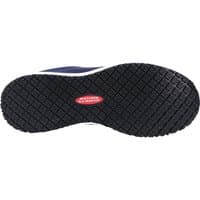 Black Skechers occupational shoe sole with textured grip pattern and red Skechers logo in the center.