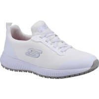 White Skechers workwear shoe, slip-resistant, lace-up, with a gray sole and Skechers logo on the side.