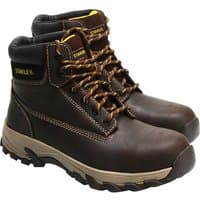 Brown Stanley safety boots with black padded collar, yellow accents, and rugged soles, size UK 9, EUR 43.