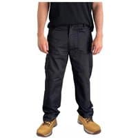 Black Stanley Texas cargo trousers with multiple pockets, waist 36 inches, leg 31 inches, worn with tan boots.