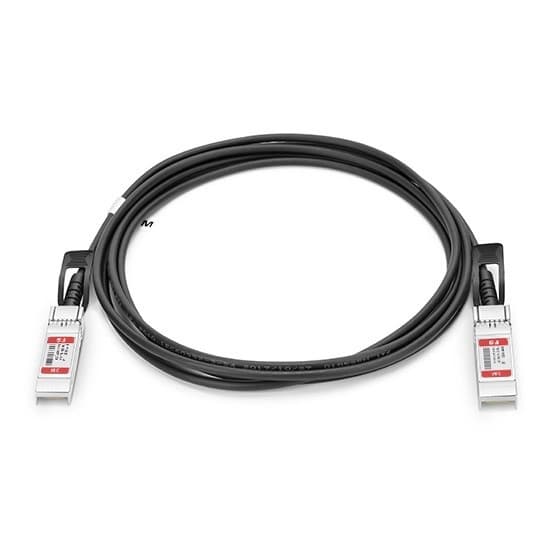 Black 10Gbase-Cu cable with two SFP+ connectors, featuring a red and white label on each end, designed for high-speed data transfer and TAA compliance.