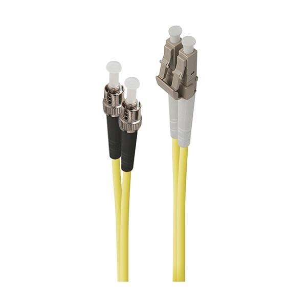 Yellow 3m LC-ST single mode duplex LSZH fibre cable with two connectors, featuring a grey and black design for secure connections.