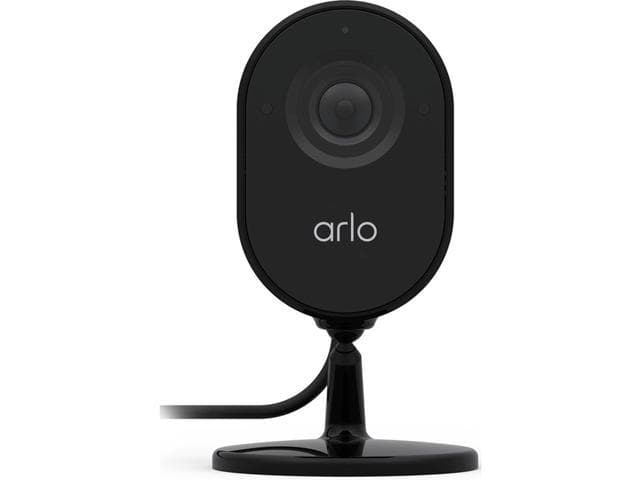 Black Arlo Pro 3 Bullet IP Security Camera with a sleek design, featuring a lens at the center, mounted on a sturdy base, ideal for both indoor and outdoor use.
