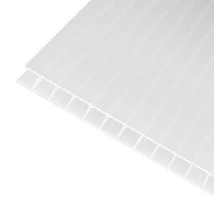 Clear amber 10mm twinwall polycarbonate roofing sheet, measuring 690 x 3000mm, features a translucent design with vertical grooves for enhanced strength and light diffusion.