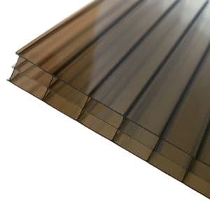 Axiome Bronze 16mm multiwall polycarbonate roofing sheet in brown, measuring 690 x 2000mm, showcasing a ribbed texture and sturdy construction.