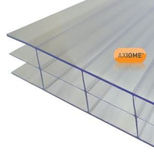 Clear 16mm multiwall polycarbonate roofing sheet with a transparent finish, featuring a structured, ribbed design, measuring 1000 x 2000mm, branded with the Axiome logo.