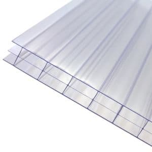 Clear 16mm multiwall polycarbonate roofing sheets stacked, showcasing a transparent finish with distinct ridges, measuring 1000 x 5000mm.