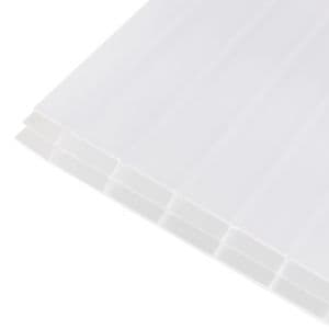 Translucent clear multiwall polycarbonate roofing sheet with a thickness of 16mm, featuring a ribbed design, measuring 690 x 2500mm, ideal for durable roofing solutions.