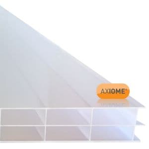 Clear Amber Axiome Opal 16mm multiwall polycarbonate roofing sheet, translucent white with a ribbed surface, measuring 690 x 5000mm, featuring a sturdy, lightweight design.