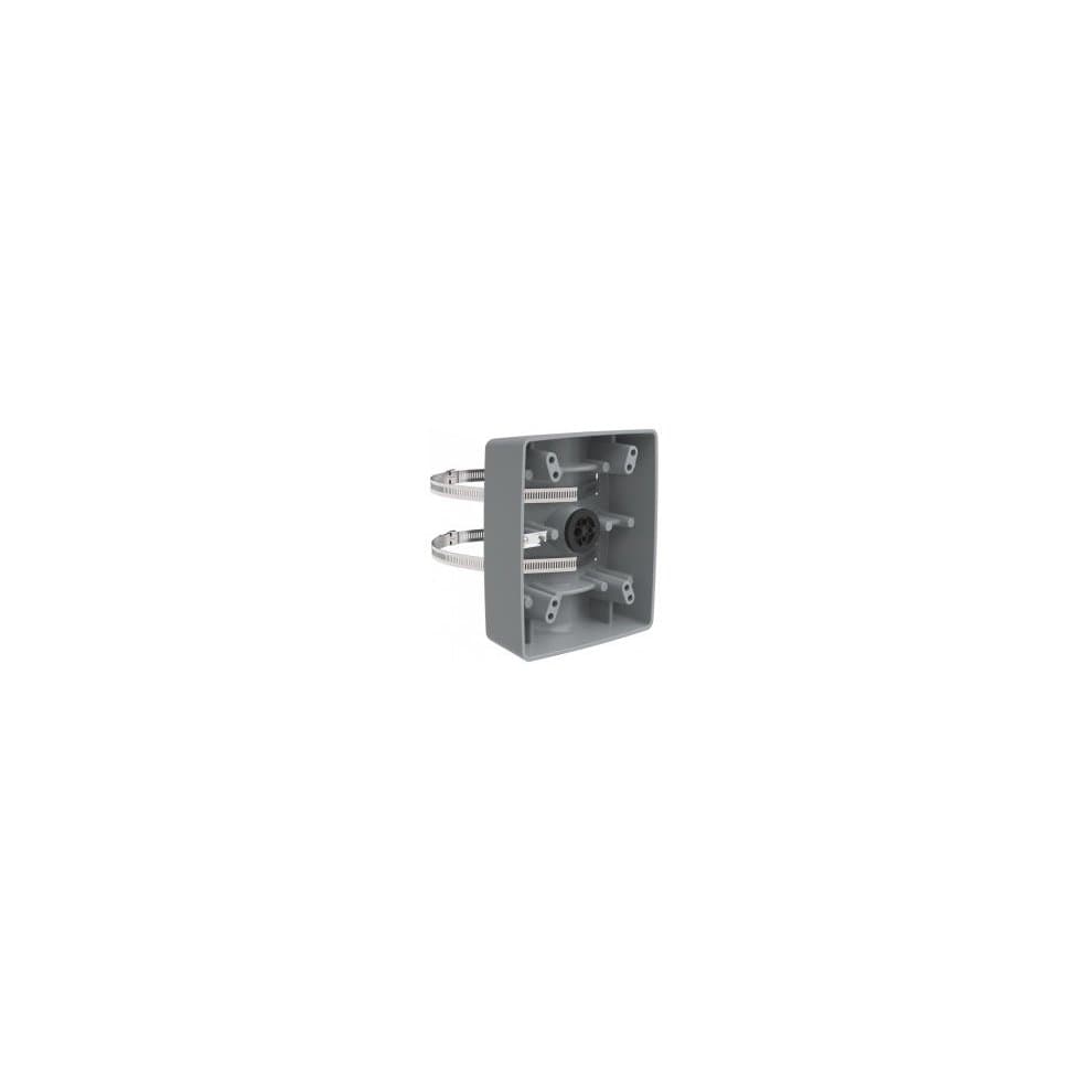 Gray pole mount for network camera featuring a sturdy rectangular base with multiple mounting holes and adjustable brackets for secure installation.