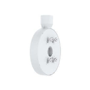 White circular security camera accessory mount with a central opening and multiple attachment points, designed for stability and easy installation.