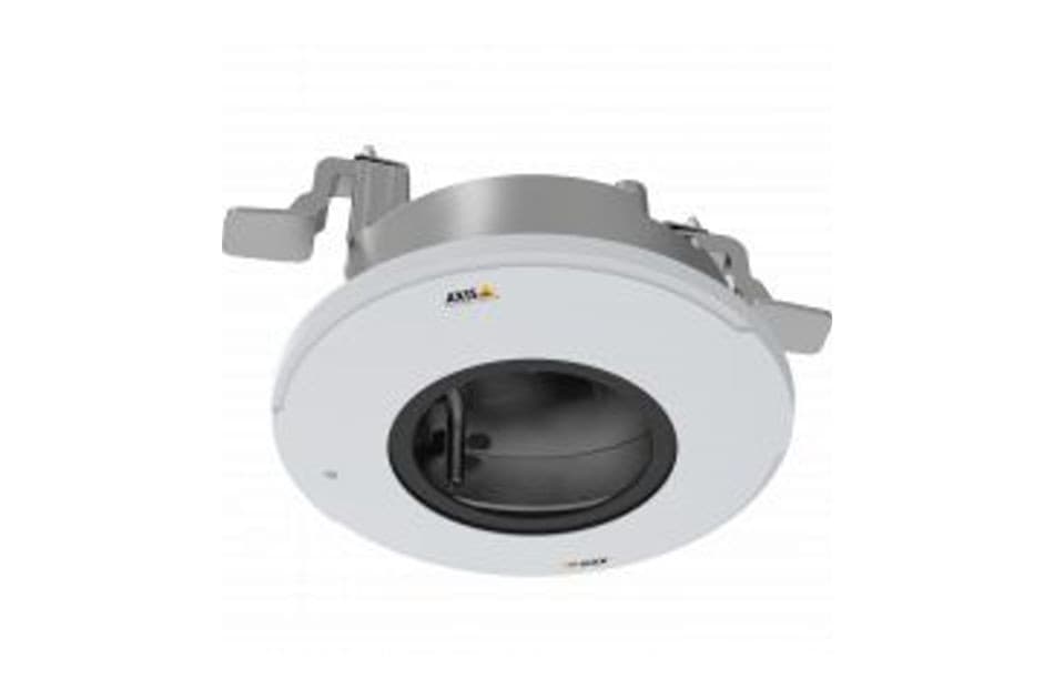 White circular ceiling mount for security cameras, featuring a sleek design with a gray interior and adjustable clamps for secure installation.