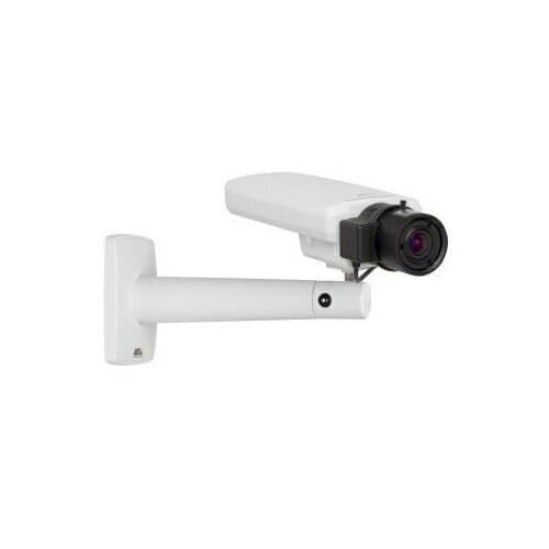 White outdoor security camera with a cylindrical lens and adjustable mount, featuring a sleek design and IP rating for weather resistance.