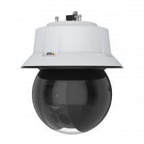 White dome-shaped security camera with a black glass lens, featuring a sleek design and a mounting bracket on top for indoor and outdoor surveillance.