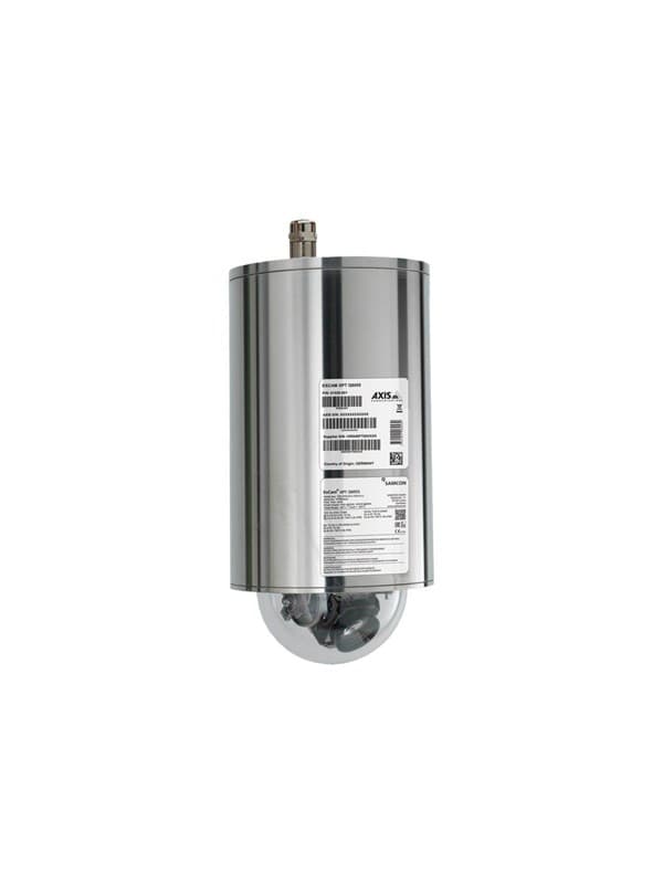 Silver bullet-shaped outdoor security camera with a clear dome, featuring a visible mounting bracket and a label with product information on the back.