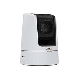 White dome-shaped IP security camera with a black lens, featuring a sleek design and adjustable base for indoor use, labeled with the AXIS logo.